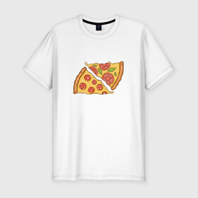 Мужская футболка хлопок Slim с принтом Два кусочка пиццы  в Санкт-Петербурге, 92% хлопок, 8% лайкра | приталенный силуэт, круглый вырез ворота, длина до линии бедра, короткий рукав | chees | cheesy | fast food | fastfood | food | love | margarita | pepperoni | pizza | pizza lover | pizza margherita | slice | two pizza slices | базилик | колбаса | колбаска | люблю пиццу | любовь | маргарита | овощи | пепперони | помидоры | сыр | тянущи