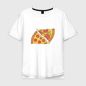 Мужская футболка хлопок Oversize с принтом Два кусочка пиццы  в Санкт-Петербурге, 100% хлопок | свободный крой, круглый ворот, “спинка” длиннее передней части | Тематика изображения на принте: chees | cheesy | fast food | fastfood | food | love | margarita | pepperoni | pizza | pizza lover | pizza margherita | slice | two pizza slices | базилик | колбаса | колбаска | люблю пиццу | любовь | маргарита | овощи | пепперони | помидоры | сыр | тянущи