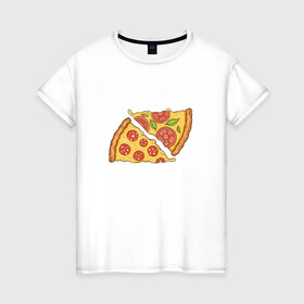 Женская футболка хлопок с принтом Два кусочка пиццы  в Санкт-Петербурге, 100% хлопок | прямой крой, круглый вырез горловины, длина до линии бедер, слегка спущенное плечо | chees | cheesy | fast food | fastfood | food | love | margarita | pepperoni | pizza | pizza lover | pizza margherita | slice | two pizza slices | базилик | колбаса | колбаска | люблю пиццу | любовь | маргарита | овощи | пепперони | помидоры | сыр | тянущи