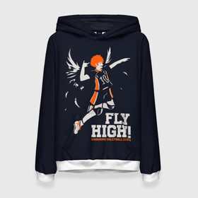 Женская толстовка 3D с принтом fly high! Шоё Хината Haikyuu!! в Санкт-Петербурге, 100% полиэстер  | двухслойный капюшон со шнурком для регулировки, мягкие манжеты на рукавах и по низу толстовки, спереди карман-кенгуру с мягким внутренним слоем. | 10 номер | anime | haikyu | haikyuu | hinata shoyo | karasuno | manga | аниме | волейбол | волейбольный клуб | иероглифы | карасуно | лети высоко | лого | манга | надпись | прыжок | старшая школа | хаику | хаикую