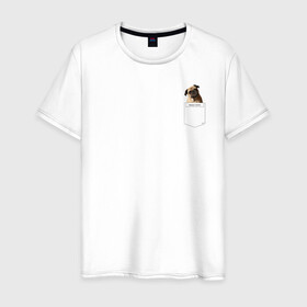 Мужская футболка хлопок с принтом PocketPuppy#3 в Санкт-Петербурге, 100% хлопок | прямой крой, круглый вырез горловины, длина до линии бедер, слегка спущенное плечо. | cute | dog | puppy | карман | милый | мопс | собака | щенок