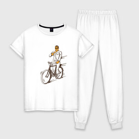 Женская пижама хлопок с принтом Велосипед и пиво в Санкт-Петербурге, 100% хлопок | брюки и футболка прямого кроя, без карманов, на брюках мягкая резинка на поясе и по низу штанин | без рук | вело | велосипед | велосипедист | колеса | руль | спорт
