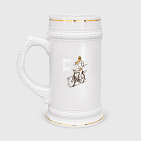 Кружка пивная с принтом Велосипед и пиво в Санкт-Петербурге,  керамика (Материал выдерживает высокую температуру, стоит избегать резкого перепада температур) |  объем 630 мл | без рук | вело | велосипед | велосипедист | колеса | руль | спорт