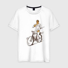 Мужская футболка хлопок с принтом Велосипед и пиво в Санкт-Петербурге, 100% хлопок | прямой крой, круглый вырез горловины, длина до линии бедер, слегка спущенное плечо. | без рук | вело | велосипед | велосипедист | колеса | руль | спорт