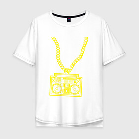 Мужская футболка хлопок Oversize с принтом Золотой магнитофон на цепи в Санкт-Петербурге, 100% хлопок | свободный крой, круглый ворот, “спинка” длиннее передней части | бумбокс | золотая цепь | золото | магнитофон | музыка | цепь