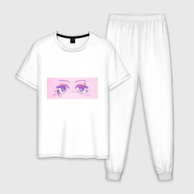 Мужская пижама хлопок с принтом Аниме глазки в Санкт-Петербурге, 100% хлопок | брюки и футболка прямого кроя, без карманов, на брюках мягкая резинка на поясе и по низу штанин
 | kawaii | блестки | макияж | милота | розовый