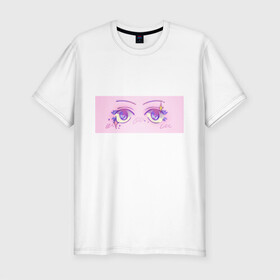 Мужская футболка хлопок Slim с принтом Аниме глазки в Санкт-Петербурге, 92% хлопок, 8% лайкра | приталенный силуэт, круглый вырез ворота, длина до линии бедра, короткий рукав | kawaii | блестки | макияж | милота | розовый