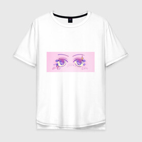 Мужская футболка хлопок Oversize с принтом Аниме глазки в Санкт-Петербурге, 100% хлопок | свободный крой, круглый ворот, “спинка” длиннее передней части | kawaii | блестки | макияж | милота | розовый