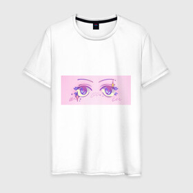 Мужская футболка хлопок с принтом Аниме глазки в Санкт-Петербурге, 100% хлопок | прямой крой, круглый вырез горловины, длина до линии бедер, слегка спущенное плечо. | Тематика изображения на принте: kawaii | блестки | макияж | милота | розовый