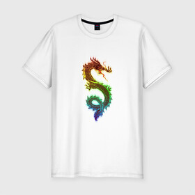 Мужская футболка хлопок Slim с принтом Дракон в Санкт-Петербурге, 92% хлопок, 8% лайкра | приталенный силуэт, круглый вырез ворота, длина до линии бедра, короткий рукав | Тематика изображения на принте: дракон | змей | мифический дракой | радужный дракон | разноцветное