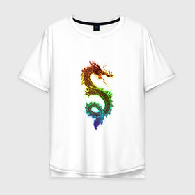Мужская футболка хлопок Oversize с принтом Дракон в Санкт-Петербурге, 100% хлопок | свободный крой, круглый ворот, “спинка” длиннее передней части | Тематика изображения на принте: дракон | змей | мифический дракой | радужный дракон | разноцветное