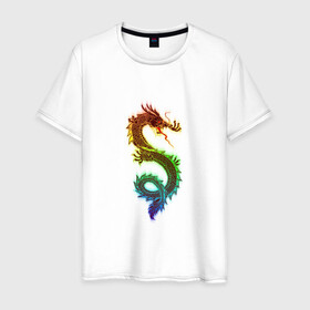 Мужская футболка хлопок с принтом Дракон в Санкт-Петербурге, 100% хлопок | прямой крой, круглый вырез горловины, длина до линии бедер, слегка спущенное плечо. | Тематика изображения на принте: дракон | змей | мифический дракой | радужный дракон | разноцветное