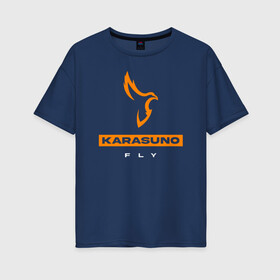 Женская футболка хлопок Oversize с принтом KARASUNO лого Haikyu!! в Санкт-Петербурге, 100% хлопок | свободный крой, круглый ворот, спущенный рукав, длина до линии бедер
 | anime | haikyu | haikyuu | karasuno | karasuno high | manga | аниме | волейбол | волейбольный клуб | ворон | вороны | карасуно | крылья | лого | манга | надпись | перо | птица | старшая школа | хаику | хаикую