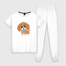 Женская пижама хлопок с принтом Собачка с бантиком в Санкт-Петербурге, 100% хлопок | брюки и футболка прямого кроя, без карманов, на брюках мягкая резинка на поясе и по низу штанин | cute | dog | woof | гав | забавный | пес | смешной | собака | щенок