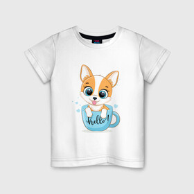 Детская футболка хлопок с принтом Собачка в кружке hello в Санкт-Петербурге, 100% хлопок | круглый вырез горловины, полуприлегающий силуэт, длина до линии бедер | cute | dog | woof | гав | забавный | пес | смешной | собака | щенок