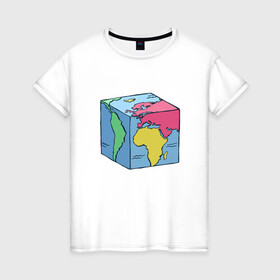 Женская футболка хлопок с принтом Квадратный глобус земли в Санкт-Петербурге, 100% хлопок | прямой крой, круглый вырез горловины, длина до линии бедер, слегка спущенное плечо | art | cube | cubic | earth | europe | funny | globe | globus | humor | illustration | map | south america | америка | арт | африка | евразия | европа | земля | иллюстрация | карта | континенты | кубизм | кубическая карта | планета | прикол