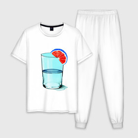 Мужская пижама хлопок с принтом Долька в Санкт-Петербурге, 100% хлопок | брюки и футболка прямого кроя, без карманов, на брюках мягкая резинка на поясе и по низу штанин
 | апельсин | вода | долька | коктейль | стакан