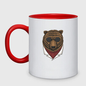 Кружка двухцветная с принтом Крутой Медведь в очках в Санкт-Петербурге, керамика | объем — 330 мл, диаметр — 80 мм. Цветная ручка и кайма сверху, в некоторых цветах — вся внутренняя часть | Тематика изображения на принте: bear | grizzly | kuma | гриззли | гризли | грозный | крутой | медведь | медвежонок | мишка