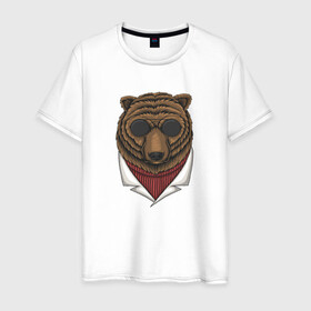 Мужская футболка хлопок с принтом Крутой Медведь в очках в Санкт-Петербурге, 100% хлопок | прямой крой, круглый вырез горловины, длина до линии бедер, слегка спущенное плечо. | bear | grizzly | kuma | гриззли | гризли | грозный | крутой | медведь | медвежонок | мишка