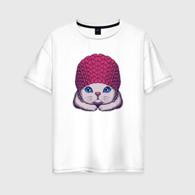 Женская футболка хлопок Oversize с принтом Котик в шапке в Санкт-Петербурге, 100% хлопок | свободный крой, круглый ворот, спущенный рукав, длина до линии бедер
 | cat | kawaii | kitten | kitty | pussycat | в шапке | кот | котенок | котик | кошачьи | кошка | милый