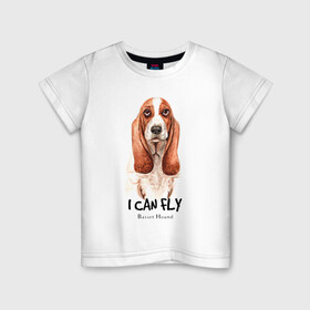 Детская футболка хлопок с принтом я могу летать бассет-хаунд в Санкт-Петербурге, 100% хлопок | круглый вырез горловины, полуприлегающий силуэт, длина до линии бедер | Тематика изображения на принте: cute | dog | woof | бассет хаунд | гав | забавный | пес | смешной | собака | щенок