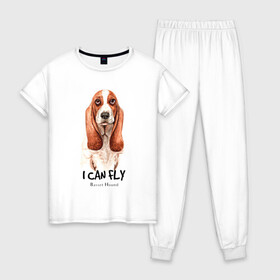 Женская пижама хлопок с принтом я могу летать бассет-хаунд в Санкт-Петербурге, 100% хлопок | брюки и футболка прямого кроя, без карманов, на брюках мягкая резинка на поясе и по низу штанин | cute | dog | woof | бассет хаунд | гав | забавный | пес | смешной | собака | щенок