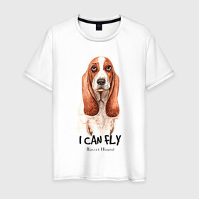 Мужская футболка хлопок с принтом я могу летать бассет-хаунд в Санкт-Петербурге, 100% хлопок | прямой крой, круглый вырез горловины, длина до линии бедер, слегка спущенное плечо. | cute | dog | woof | бассет хаунд | гав | забавный | пес | смешной | собака | щенок