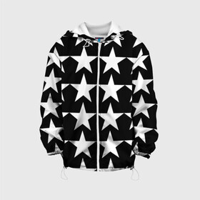 Детская куртка 3D с принтом Белые звёзды на чёрном фоне в Санкт-Петербурге, 100% полиэстер | застежка — молния, подол и капюшон оформлены резинкой с фиксаторами, по бокам — два кармана без застежек, один потайной карман на груди, плотность верхнего слоя — 90 г/м2; плотность флисового подклада — 260 г/м2 | Тематика изображения на принте: бело чёрные звёзды | белые звёзды | белые звёзды на чёрном фоне | звёзды
