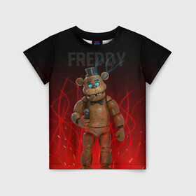 Детская футболка 3D с принтом FNAF FREDDY в Санкт-Петербурге, 100% гипоаллергенный полиэфир | прямой крой, круглый вырез горловины, длина до линии бедер, чуть спущенное плечо, ткань немного тянется | игры | искры | красный | стиль | фнаф | фредди