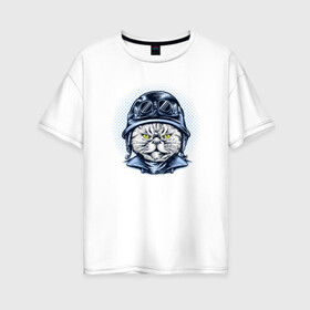 Женская футболка хлопок Oversize с принтом Кот в шлеме в Санкт-Петербурге, 100% хлопок | свободный крой, круглый ворот, спущенный рукав, длина до линии бедер
 | cat | kawaii | kitten | kitty | pussycat | кот | котенок | котик | кошачьи | кошка | милый