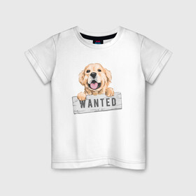 Детская футболка хлопок с принтом Dog Wanted в Санкт-Петербурге, 100% хлопок | круглый вырез горловины, полуприлегающий силуэт, длина до линии бедер | Тематика изображения на принте: cute | dog | wanted | woof | гав | забавный | пес | песель | песик | смешной | собака | собачка | щенок