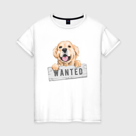 Женская футболка хлопок с принтом Dog Wanted в Санкт-Петербурге, 100% хлопок | прямой крой, круглый вырез горловины, длина до линии бедер, слегка спущенное плечо | cute | dog | wanted | woof | гав | забавный | пес | песель | песик | смешной | собака | собачка | щенок