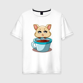 Женская футболка хлопок Oversize с принтом Котик с кружкой кофе в Санкт-Петербурге, 100% хлопок | свободный крой, круглый ворот, спущенный рукав, длина до линии бедер
 | cat | kawaii | kitten | kitty | pussycat | кот | котенок | котик | кофе | кошачьи | кошка | кружка | милый