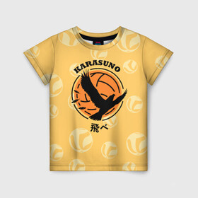 Детская футболка 3D с принтом Старшая школа Карасуно Haikyu! в Санкт-Петербурге, 100% гипоаллергенный полиэфир | прямой крой, круглый вырез горловины, длина до линии бедер, чуть спущенное плечо, ткань немного тянется | anime | haikyu | haikyuu | karasuno | karasuno high | manga | аниме | волейбол | волейбольный клуб | ворон | вороны | карасуно | крылья | лого | логотип | манга | надпись | птица | старшая школа | хаику | хаикую