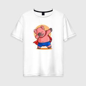 Женская футболка хлопок Oversize с принтом Свинка супермен даббинг в Санкт-Петербурге, 100% хлопок | свободный крой, круглый ворот, спущенный рукав, длина до линии бедер
 | dab | pig | даб | даббинг | животное | свинка | свинья | супермен | хрюша | хрюшка