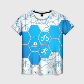 Женская футболка 3D с принтом Плыви, Крути, Беги в Санкт-Петербурге, 100% полиэфир ( синтетическое хлопкоподобное полотно) | прямой крой, круглый вырез горловины, длина до линии бедер | Тематика изображения на принте: bike | ironman | run | running | swim | swimming | triathlon | бег | бегун | велосипед | велоспорт | выносливость | железный человек | плавание | спорт на выносливость | триатлон | цикличный вид спорта