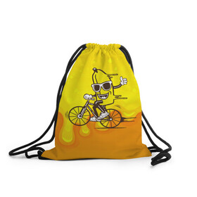 Рюкзак-мешок 3D с принтом Банан на велосипеде в Санкт-Петербурге, 100% полиэстер | плотность ткани — 200 г/м2, размер — 35 х 45 см; лямки — толстые шнурки, застежка на шнуровке, без карманов и подкладки | байк | банан | бананчик | велик | велосипед | живой банан | спорт