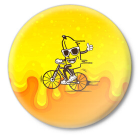 Значок с принтом Банан на велосипеде в Санкт-Петербурге,  металл | круглая форма, металлическая застежка в виде булавки | байк | банан | бананчик | велик | велосипед | живой банан | спорт