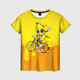 Женская футболка 3D с принтом Банан на велосипеде в Санкт-Петербурге, 100% полиэфир ( синтетическое хлопкоподобное полотно) | прямой крой, круглый вырез горловины, длина до линии бедер | байк | банан | бананчик | велик | велосипед | живой банан | спорт