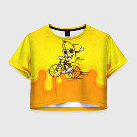 Женская футболка Crop-top 3D с принтом Банан на велосипеде в Санкт-Петербурге, 100% полиэстер | круглая горловина, длина футболки до линии талии, рукава с отворотами | байк | банан | бананчик | велик | велосипед | живой банан | спорт