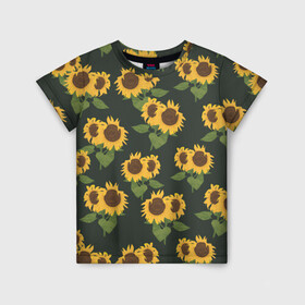 Детская футболка 3D с принтом Подсолнухи в Санкт-Петербурге, 100% гипоаллергенный полиэфир | прямой крой, круглый вырез горловины, длина до линии бедер, чуть спущенное плечо, ткань немного тянется | Тематика изображения на принте: лето | паттерн | подсолнухи | семечки | солнце | цветок солнце | цветы