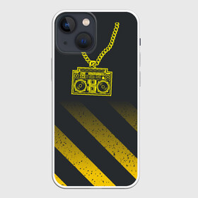 Чехол для iPhone 13 mini с принтом Золотой магнитофон на цепи в Санкт-Петербурге,  |  | бумбокс | золотая цепь | золото | магнитофон | музыка | цепь