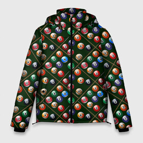 Мужская зимняя куртка 3D с принтом Бильярд в Санкт-Петербурге, верх — 100% полиэстер; подкладка — 100% полиэстер; утеплитель — 100% полиэстер | длина ниже бедра, свободный силуэт Оверсайз. Есть воротник-стойка, отстегивающийся капюшон и ветрозащитная планка. 

Боковые карманы с листочкой на кнопках и внутренний карман на молнии. | a game | balls | billiards | eight | pool | russian billiards | snooker | tournament | бильярд | восьмерка | игра | пул | русский бильярд | снукер | турнир | шары