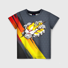 Детская футболка 3D с принтом Тигр разрывает изнутри в Санкт-Петербурге, 100% гипоаллергенный полиэфир | прямой крой, круглый вырез горловины, длина до линии бедер, чуть спущенное плечо, ткань немного тянется | дыра | дырка | крупная кошка | разрывает | тигр | тигрица