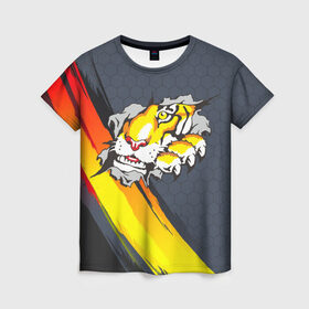 Женская футболка 3D с принтом Тигр разрывает изнутри в Санкт-Петербурге, 100% полиэфир ( синтетическое хлопкоподобное полотно) | прямой крой, круглый вырез горловины, длина до линии бедер | дыра | дырка | крупная кошка | разрывает | тигр | тигрица