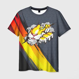 Мужская футболка 3D с принтом Тигр разрывает изнутри в Санкт-Петербурге, 100% полиэфир | прямой крой, круглый вырез горловины, длина до линии бедер | дыра | дырка | крупная кошка | разрывает | тигр | тигрица