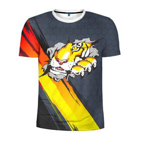 Мужская футболка 3D спортивная с принтом Тигр разрывает изнутри в Санкт-Петербурге, 100% полиэстер с улучшенными характеристиками | приталенный силуэт, круглая горловина, широкие плечи, сужается к линии бедра | Тематика изображения на принте: дыра | дырка | крупная кошка | разрывает | тигр | тигрица