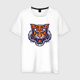 Мужская футболка хлопок с принтом Голова тигра в Санкт-Петербурге, 100% хлопок | прямой крой, круглый вырез горловины, длина до линии бедер, слегка спущенное плечо. | tiger | голова | животное | клыки | кот | кошка | тигр | черный