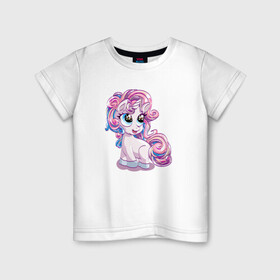 Детская футболка хлопок с принтом Маленький розовый единорог в Санкт-Петербурге, 100% хлопок | круглый вырез горловины, полуприлегающий силуэт, длина до линии бедер | horse | kawaii | unikorn | единорог | единорожка | конь | лошадь | пони | радуга | рог | цветной