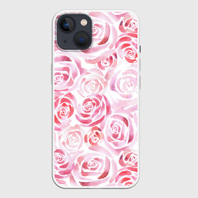 Чехол для iPhone 13 с принтом Розовые розы в Санкт-Петербурге,  |  | botanic | flower | pink | rose | summer | watercolor | акварель | акварельный | белый | ботаника | весна | летний | лето | нежный | пастельный | розовый | розы | цветочный | цветы